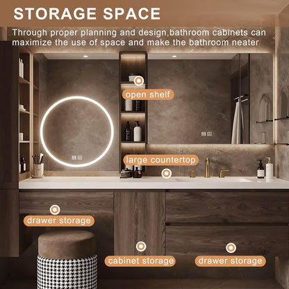 64”-88”Single Sink Floating Bathroom Vanity, Dark Wood Cabinet with Round LED Mirror