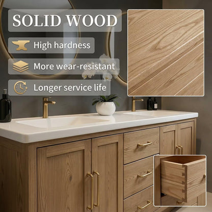64"-96"Modern Oak Bathroom Vanity Set with Gold Hardware & White Top