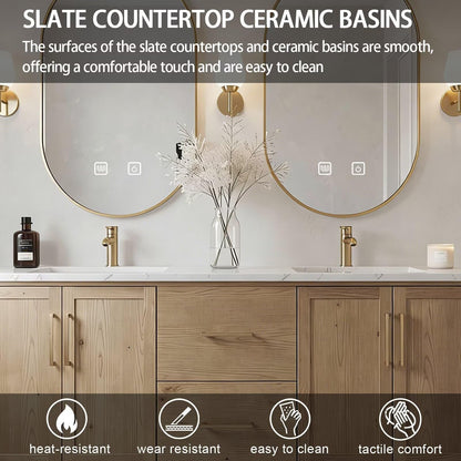 64”-96”Double Sink Freestanding Bathroom Vanity with Gold Oval Mirrors, Light Oak Cabinet