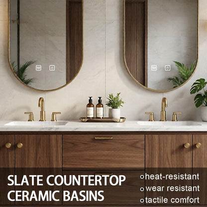 64"-84"Modern Walnut Bathroom Vanity Set with Marble Top & Gold Legs