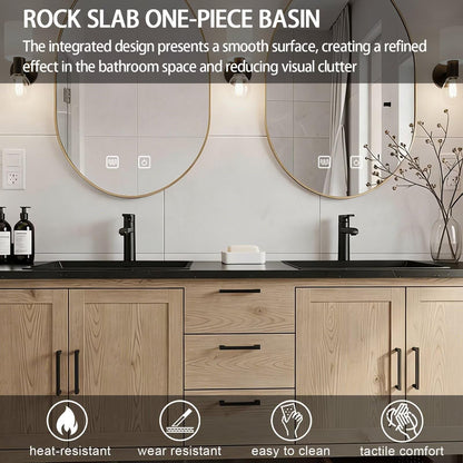 64"-96"Farmhouse Bathroom Vanity with Double Sinks & Oval LED Mirrors, Light Wood