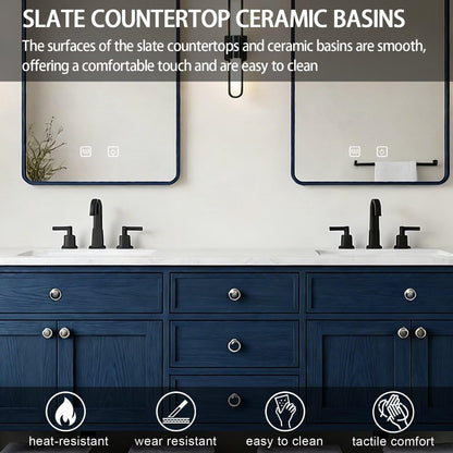 64"-96"Navy Blue Freestanding Bathroom Vanity with Double Sinks & White Marble Top