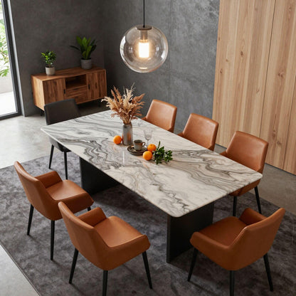 56"-96"Modern Marble Dining Table, Rectangular Natural Stone Top with Black Base for 6-8