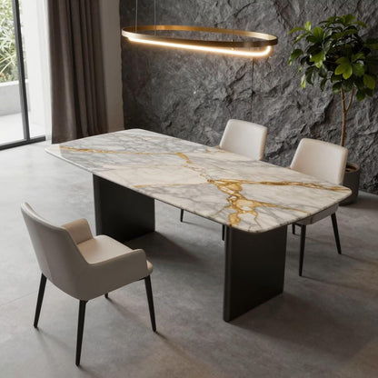 56"-88"Luxury Rectangular Marble Dining Table with Gold Streaks & Dark Legs