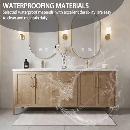 64”-96”Double Sink Freestanding Bathroom Vanity with Gold Oval Mirrors, Light Oak Cabinet