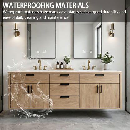 64”-80”Double Floating Vanity, Light Wood Cabinet with Black Trim & Gold Brass Hardware