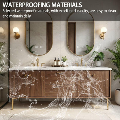 64"-84"Modern Walnut Bathroom Vanity Set with Marble Top & Gold Legs