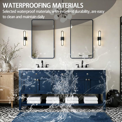 64"-96"Navy Blue Freestanding Bathroom Vanity with Double Sinks & White Marble Top