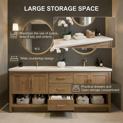 64"-96"Modern Oak Bathroom Vanity Set with Gold Hardware & White Top