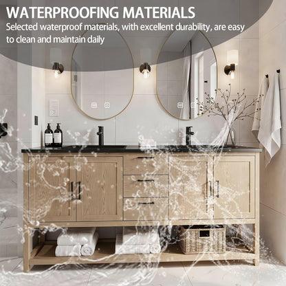 64"-96"Farmhouse Bathroom Vanity with Double Sinks & Oval LED Mirrors, Light Wood