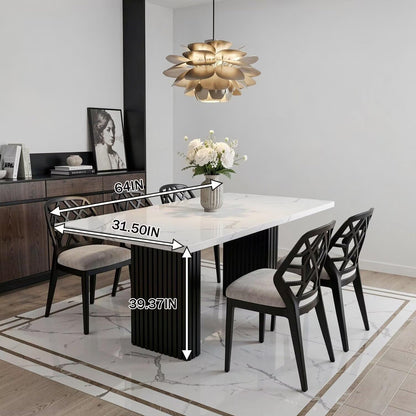 56"-88"Modern White Marble Dining Table with Black Fluted Base for 4-6 People