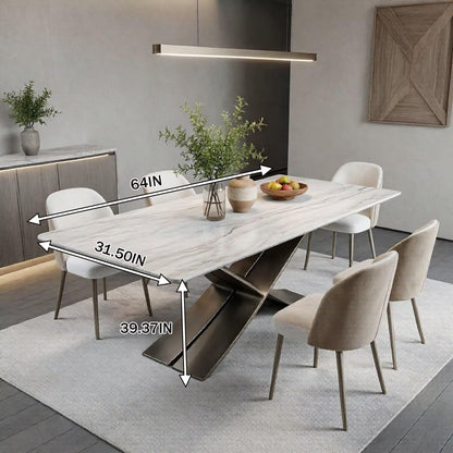 56"-88"White Marble Dining Table with Gunmetal X-Shaped Metal Base for 6 People
