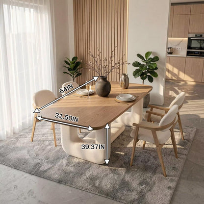56"-88"Natural Wood Dining Table with Cream Boucle Base for 4-6 People