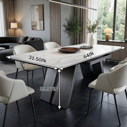56"-88"Contemporary White Marble Dining Table with Matte Black Metal Base