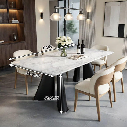 56"-88"White Marble Dining Table with Black Tapered Legs for 6 People