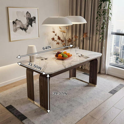 56"-88"White Marble Dining Table with Walnut Wood Legs & Gold Accents