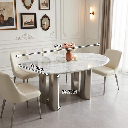 56"-88"Oval White Marble Dining Table with Polished Stainless Steel Base for 6