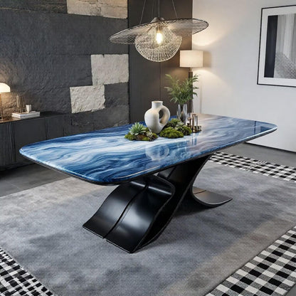 56"-96"Elegant Statement Dining Table, Blue Swirl Marble Top with Unique Sculptural Metal Base