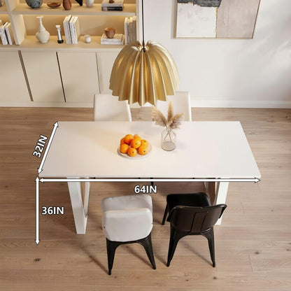 60"-80"Modern White Dining Table, Rectangular Kitchen Table with Stylish Wood Accent Base