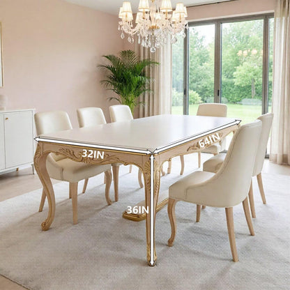 60"-80"French Style Dining Table, Elegant White Top with Gold Carved Legs for 6 People