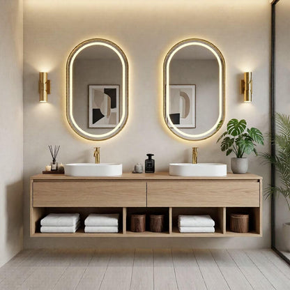 60“-96”Modern oak bathroom vanity with double vessel sinks, wall-mounted storage cabinet