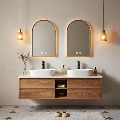 60"-96"Wall-Mounted Oak Bathroom Vanity with Double Sinks & LED Backlit Mirror