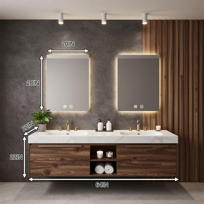 60"-96"Modern Wood Floating Bathroom Vanity with Double Sinks, Marble Countertop & LED Mirrors