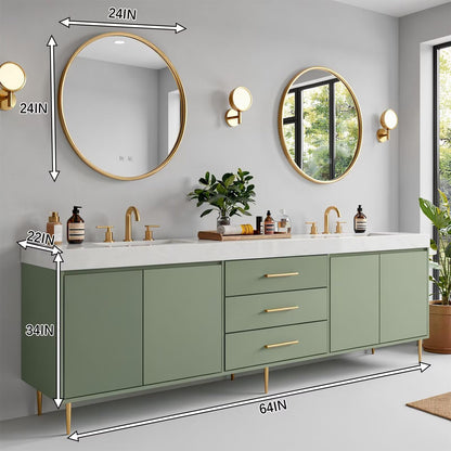 60"-96"Modern Green Bathroom Vanity with Gold Hardware & Round Gold Frame Mirrors