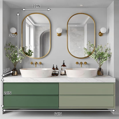 60"-96"Modern Green Bathroom Vanity with White Marble Top & Oval Gold Frame Mirrors