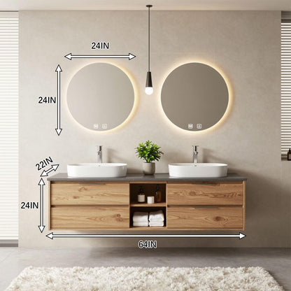 60“-96”Modern Oak Bathroom Vanity with Stone Countertop & LED Backlit Round Mirrors