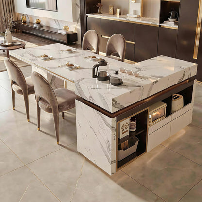 60"-79"Marble Kitchen Island Dining Combo with Built-in Tea Station & Open Storage