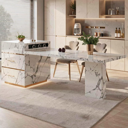 60"-79"Modern White Marble Kitchen Island Combo with Dining Table & Drawer Storagen