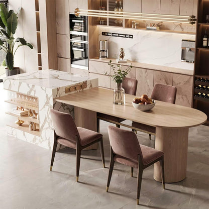 60“-79”Light Wood Kitchen Island Dining Set with Marble Accent, Built-in Outlets & Wine Storage