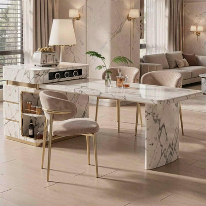 60"-79"White Marble Kitchen Island Dining Combo with Built-in Outlets & Side Wine Storage