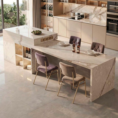 60"-79"Modern Marble Kitchen Island Dining Combo with Built-in Outlets & Open Wine Storage