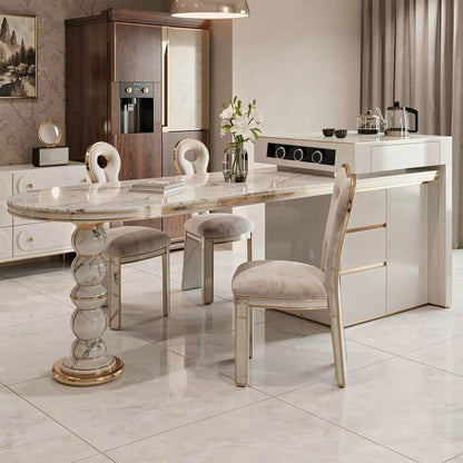 60"-79"Luxury Oval Marble Kitchen Island with Gold Trim, Built-in Power & Cabinet Storage