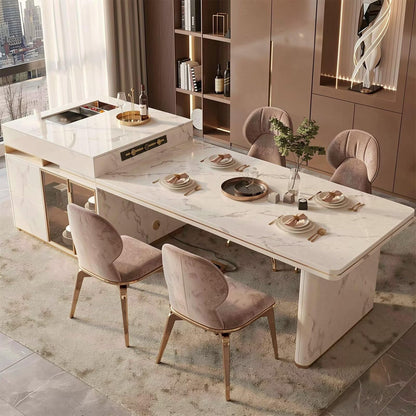60"-79"Modern Calacatta Marble Kitchen Island with Integrated Dining Table & Gold Accents