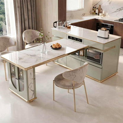 60"-79"Light Green Marble Kitchen Island Dining Combo with Built-in Outlets & Storage
