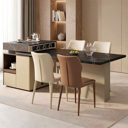 60-79"Modern Black Marble Kitchen Island with Dining Table & Built-in Power Station