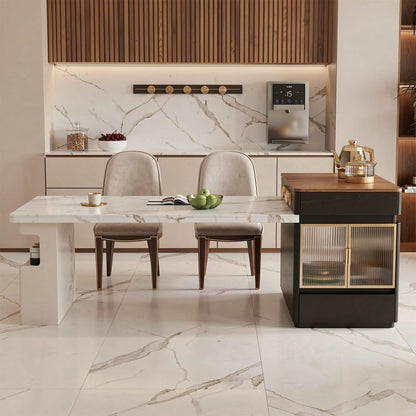 60"-79"Marble & Wood Kitchen Island Dining Combo with Built-in Storage Cabinet