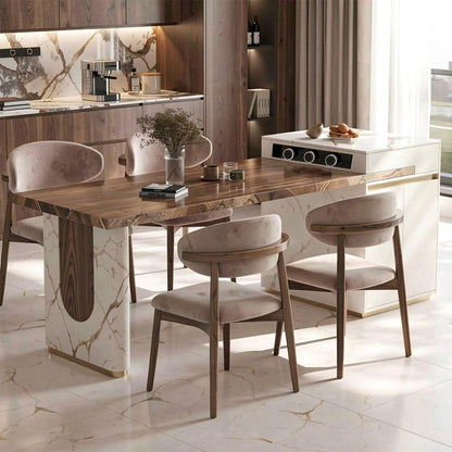 60"-79"Wood & Marble Kitchen Island Dining Table Combo with Built-in Outlets, Modern Luxury