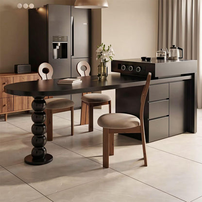 60"-79"Modern Dark Wood Kitchen Island with Oval Dining Table & Built-in Outlets