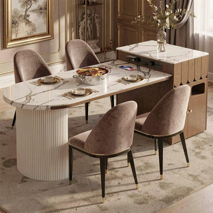 60"-79"Marble & Wood Kitchen Island Dining Combo with Built-in Outlets & Fluted Base