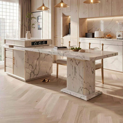 60"-79"Luxury White Marble Kitchen Island with Extendable Dining Table & Gold Trim