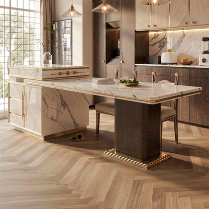 60"-79"Elegant Marble Kitchen Island Dining Set with Gold Accents & Storage Drawers