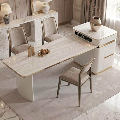 60"-79"Cream Marble Kitchen Island Dining Combo with Built-in Outlets & Storage Drawers