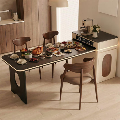 60"-79"Cream Style Kitchen Island with Black Dining Top, Power Outlets & Storage Cabinet