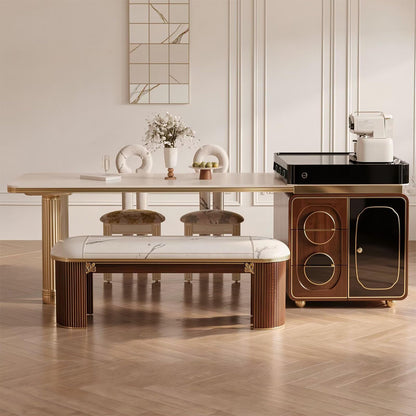 60"-79"Luxury Marble Kitchen Island with Dining Table, Gold Trim & Wooden Storage Cabinet