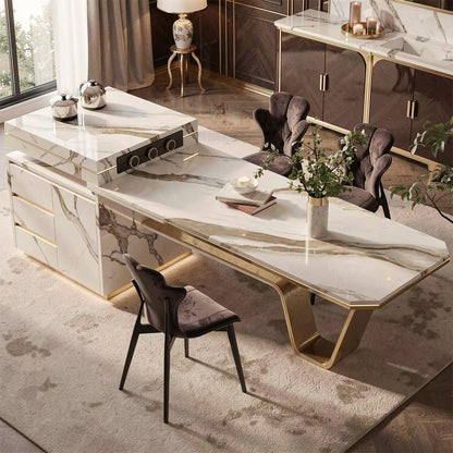 60"-79"Luxury Marble Kitchen Island Dining Combo with Built-in Outlets & Gold Trim Drawers