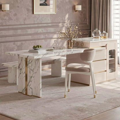 60"-79"White Marble Kitchen Island Dining Combo with Built-in Outlets & Storage Drawers